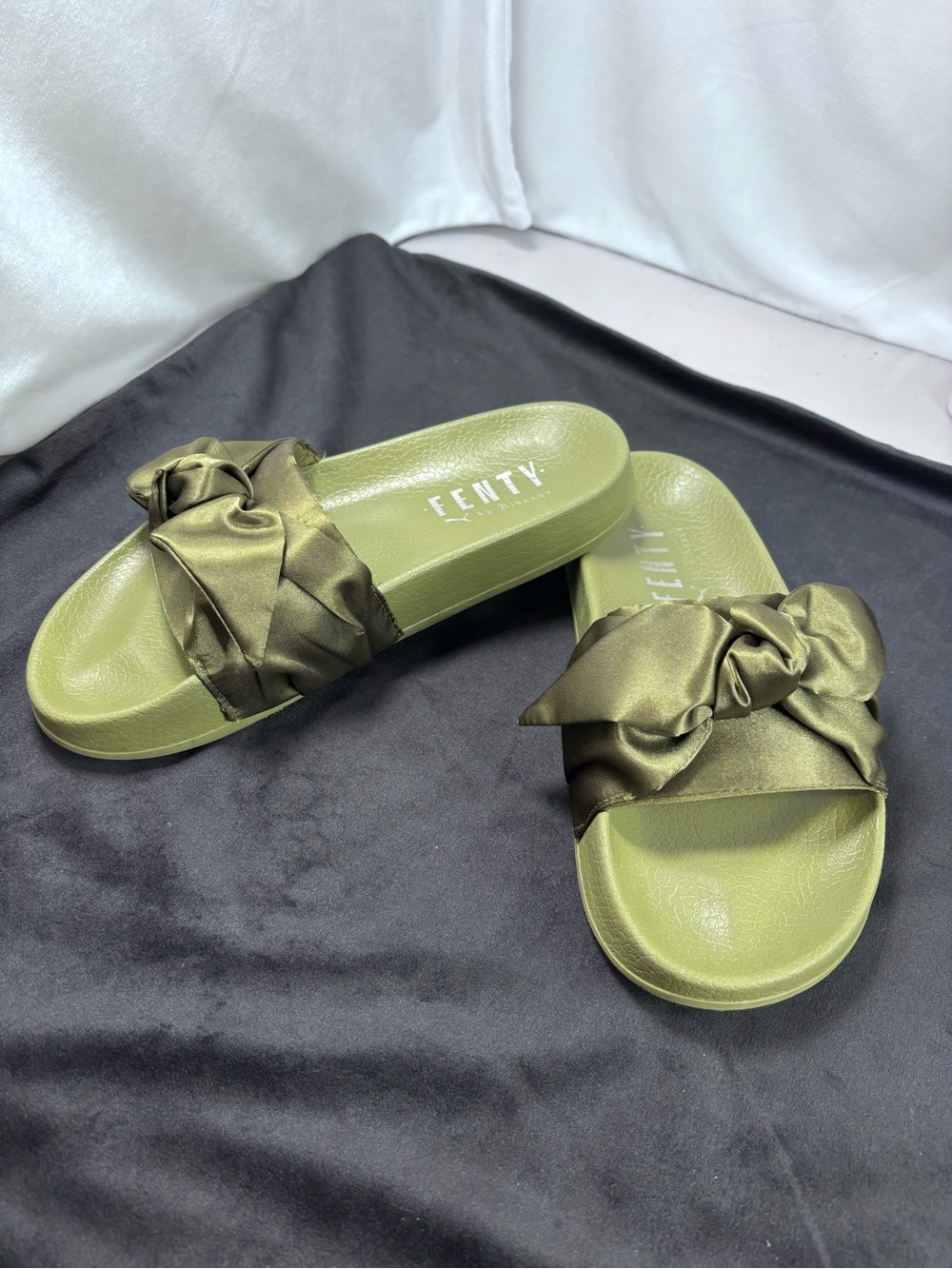 PUMA x FENTY by Rihanna Olive Green Satin Bow Slide Sandals | Women’s US 6 - Picture 3 of 10